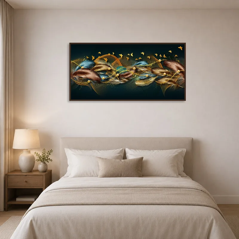 Bedroom with an elegant touch thanks to feather and butterfly artwork over the bed.