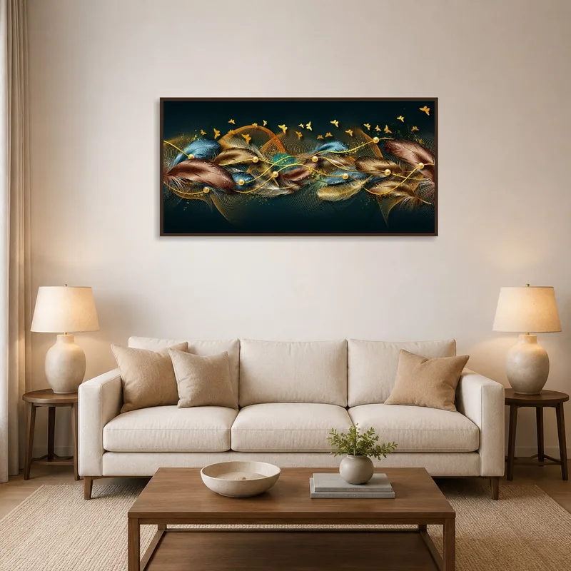 Abstract feather and butterfly artwork adds elegance to the living room wall.