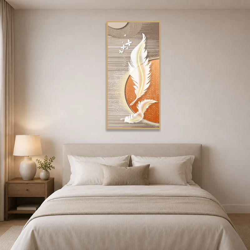 Serene bedroom with feather and butterfly art enhancing the calm ambiance.
