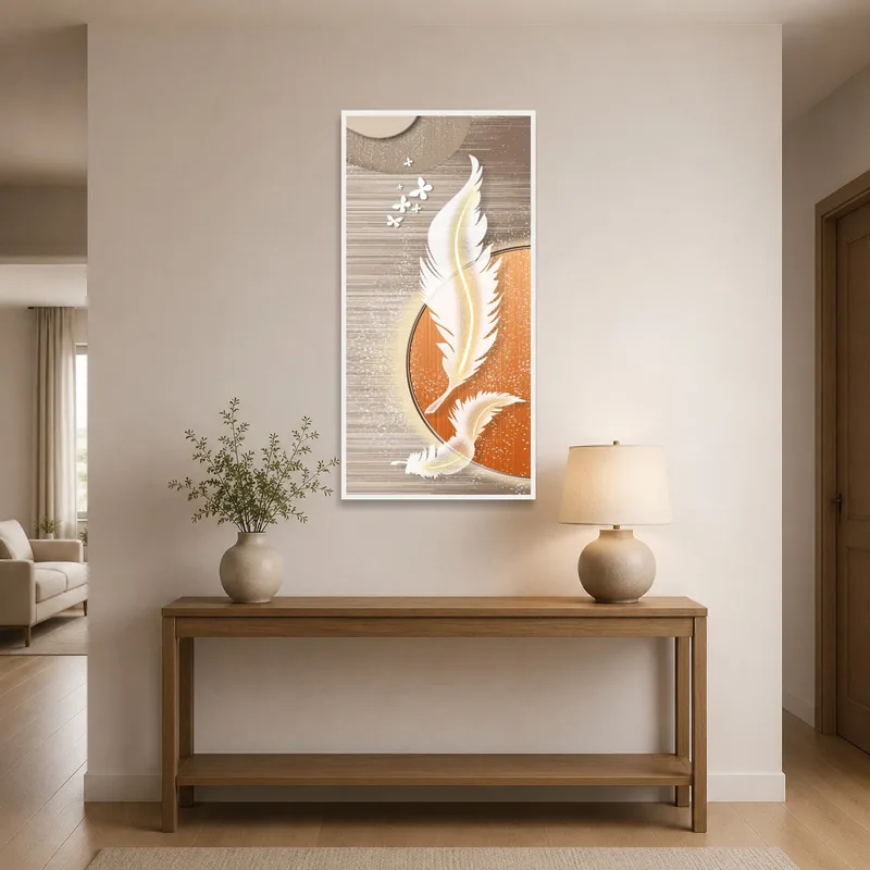 Art featuring feathers and butterflies in a welcoming entrance hall.