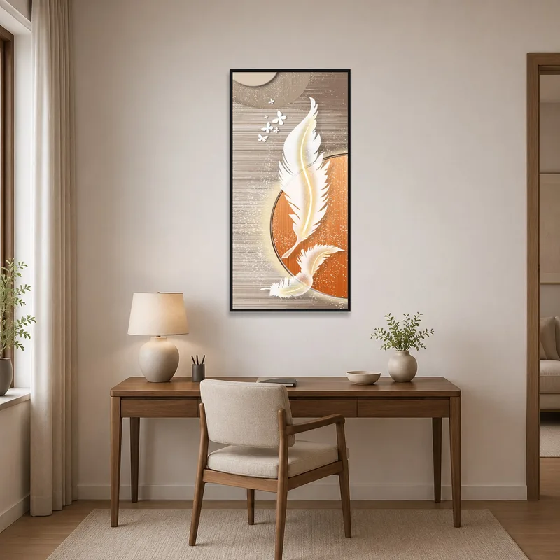 Feather and butterfly art behind a tidy desk in a contemporary home office.