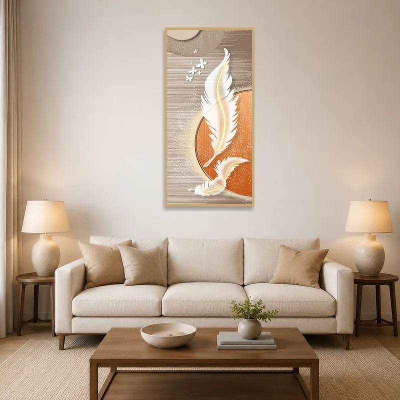 Feather and butterfly art above a modern sofa in a cozy living room.