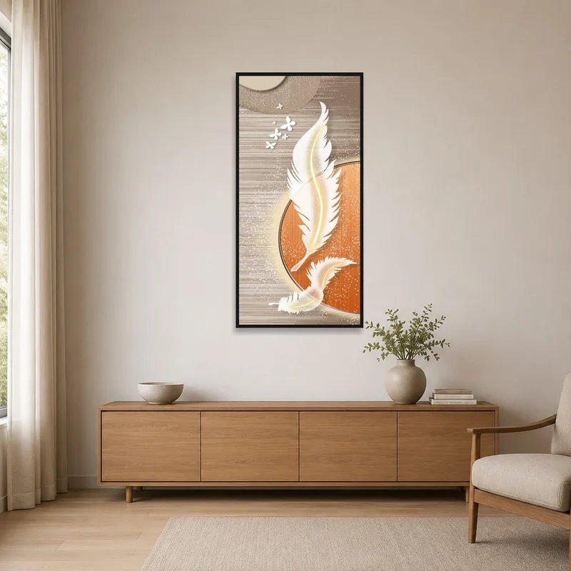 Feather and butterfly art in a minimalist room with simple furnishings.