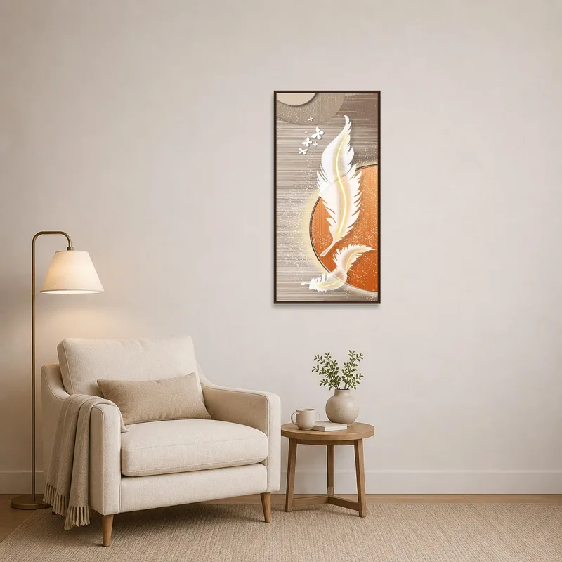 Feather and butterfly art next to a comfortable chair and books in a reading corner.