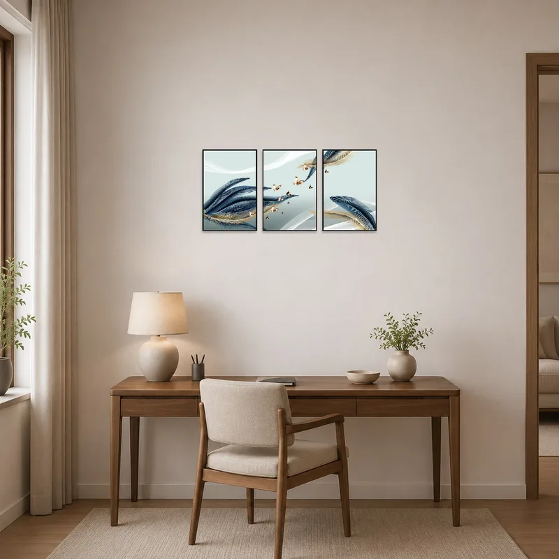 Feather and butterfly triptych adds charm to a home-office space.