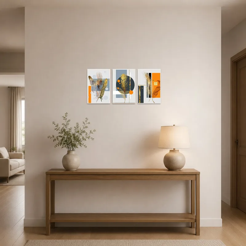 Elegant feather and geometric pieces welcome guests in an entrance hall.