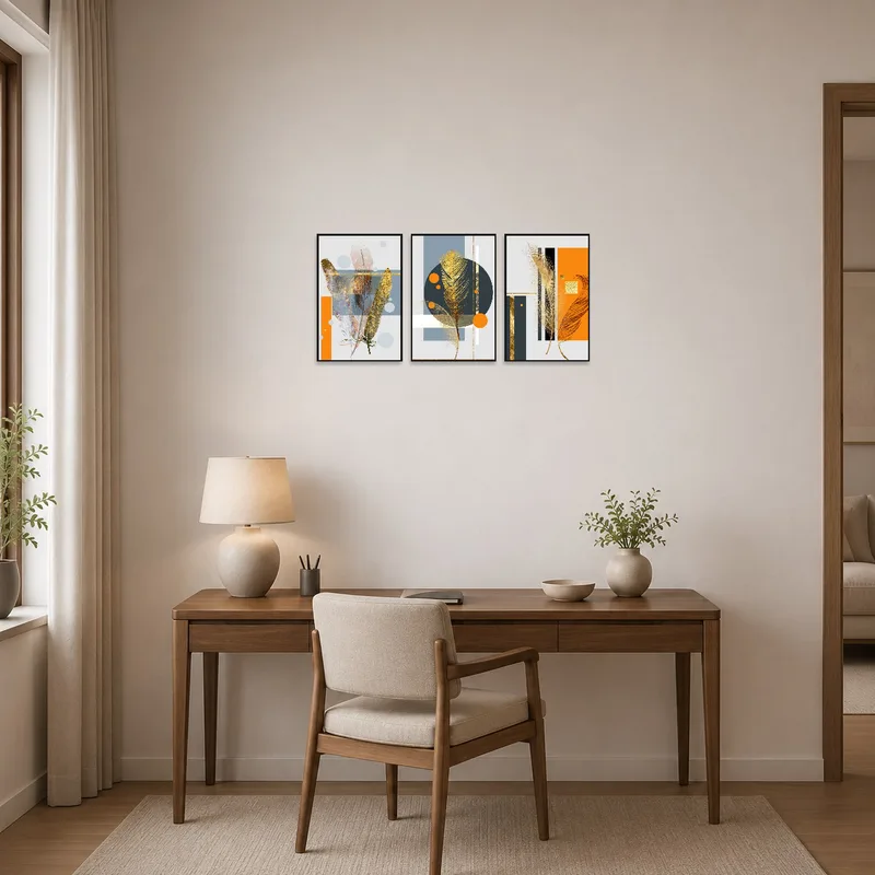Home office gets a stylish boost from the triptych of feathers and shapes.
