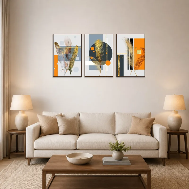 Triptych feather and geometric art set adorns a modern living room wall.