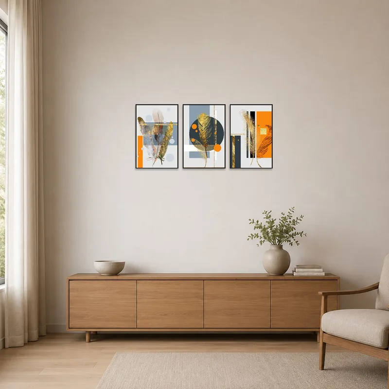 Feather and geometric artwork set adds subtle charm to a minimalist room.