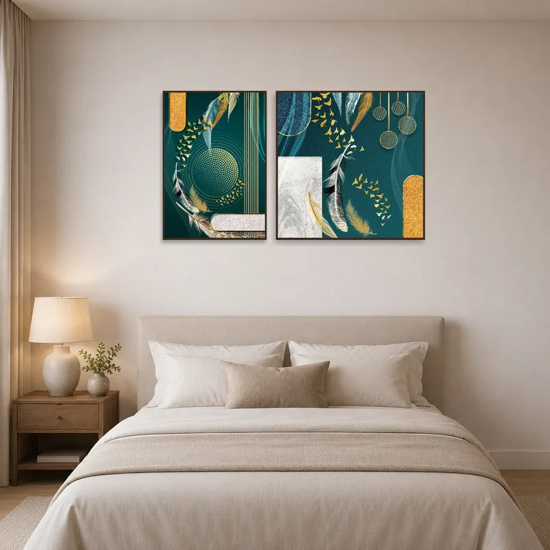 Bedroom wall decorated with a gold and feather-themed abstract set.