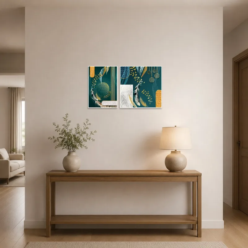 Entrance hall displaying modern feather and gold abstract artwork.