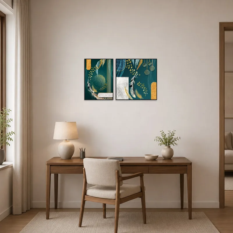 Home office showcasing elegant feather and gold abstract art on wall.