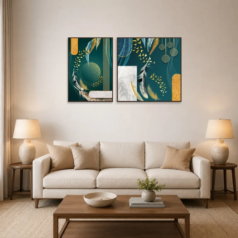 Art set with elegant feathers and gold abstract shapes on living room wall.