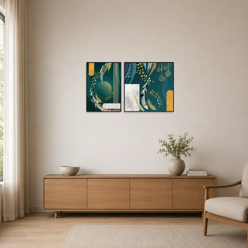 Minimalist room featuring gold and feather-themed abstract art set.