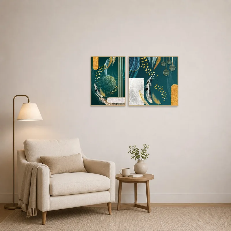 Reading corner adorned with elegant feather and gold abstract art.