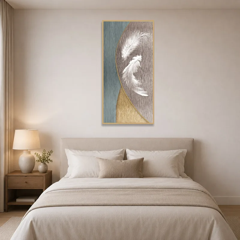 Feather artwork enhances a serene bedroom ambiance.