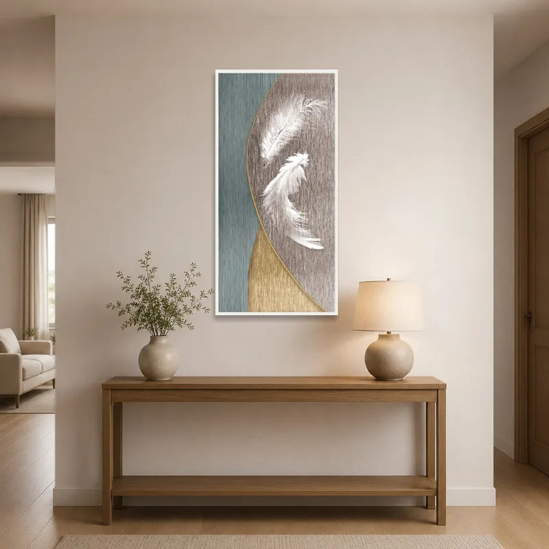 Elegant feather piece graces a stylish entrance hall.