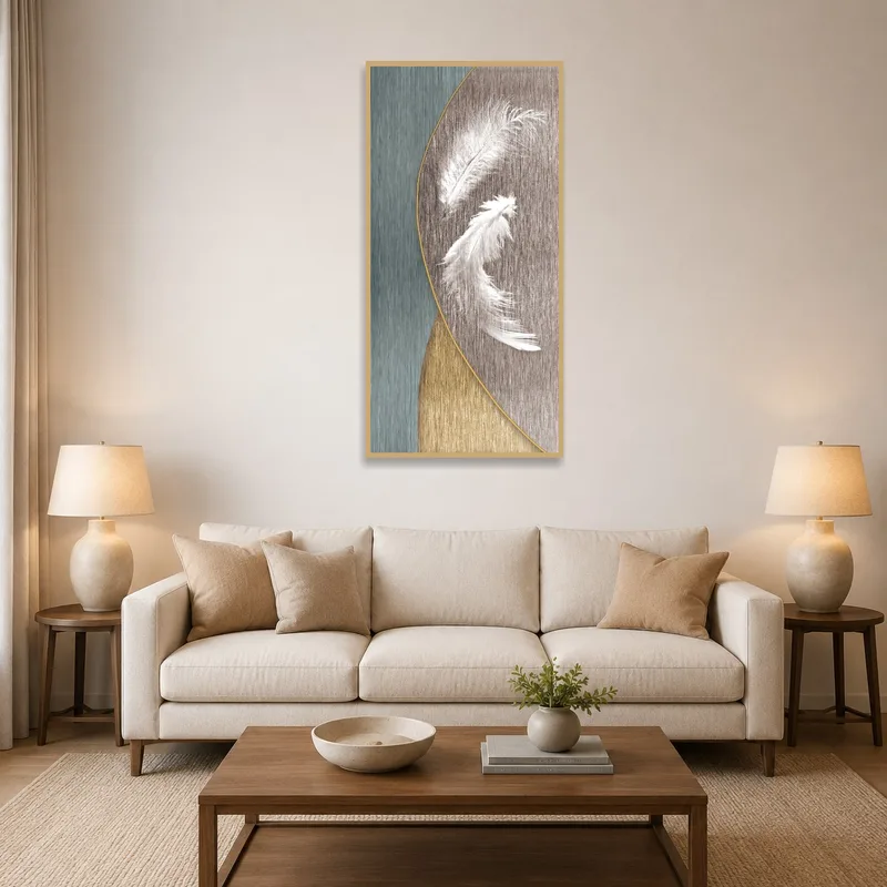 Abstract feather artwork above a modern living room sofa.