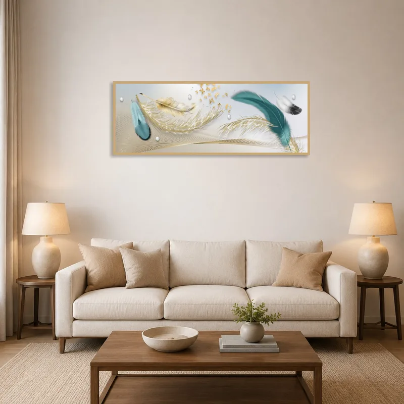 Panoramic art of graceful feathers displayed in a modern living room above a sleek couch.
