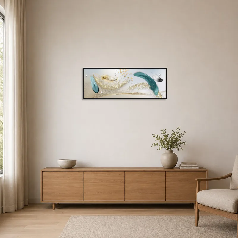 Sophisticated feather arrangement showcased in a minimalist space with bare walls and simple furniture.