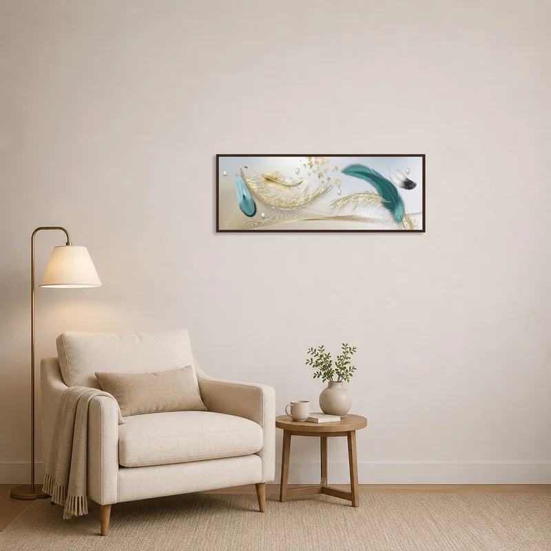 Feather panoramic art providing a calming backdrop in a cozy reading corner with a comfy chair.