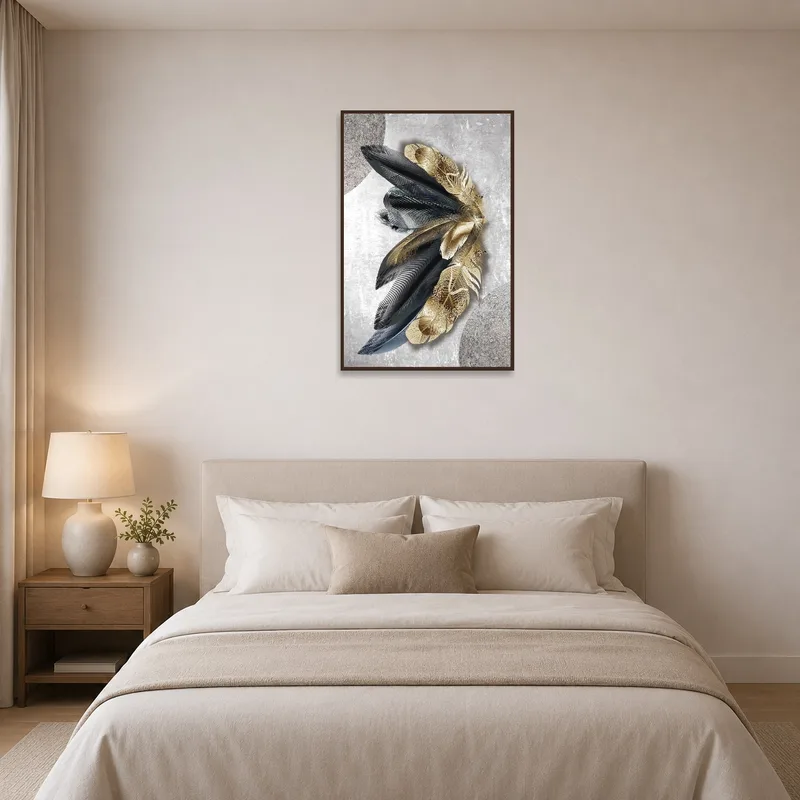 Bedroom wall enhanced by sophisticated gold and grey feather design.