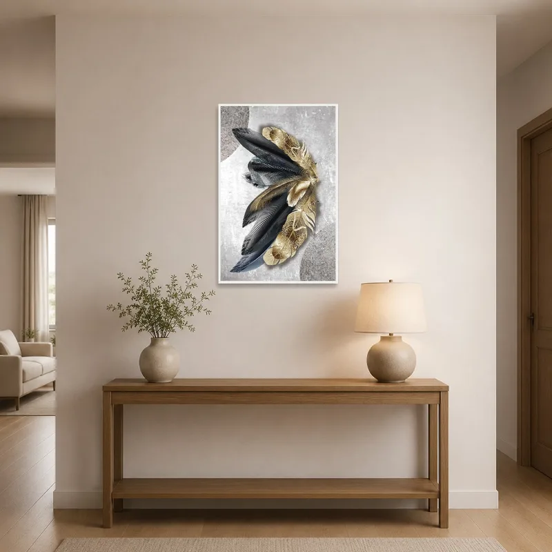 Gold and grey feather art greeting guests in a stylish entrance hall.