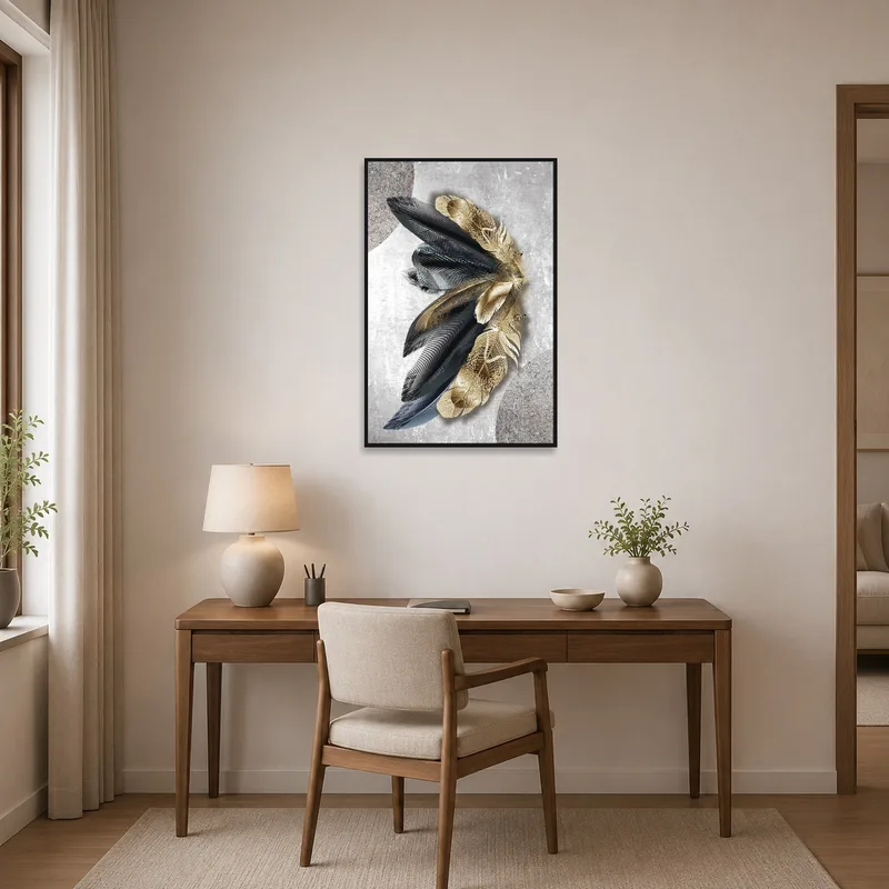 Home office complemented by elegant gold and grey feather motif.