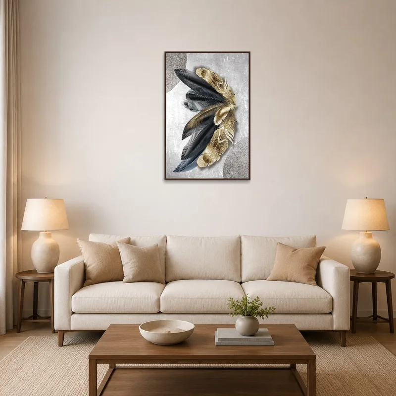 Elegant gold and grey feather artwork on living room wall with cozy seating area.
