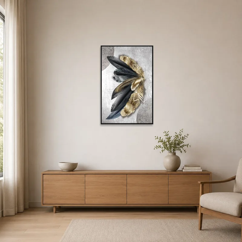 Minimalist room featuring gold and grey feather piece on a clean, neutral wall.