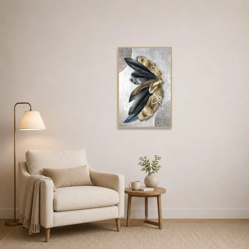 Reading corner adorned with calming gold and grey feather artwork.