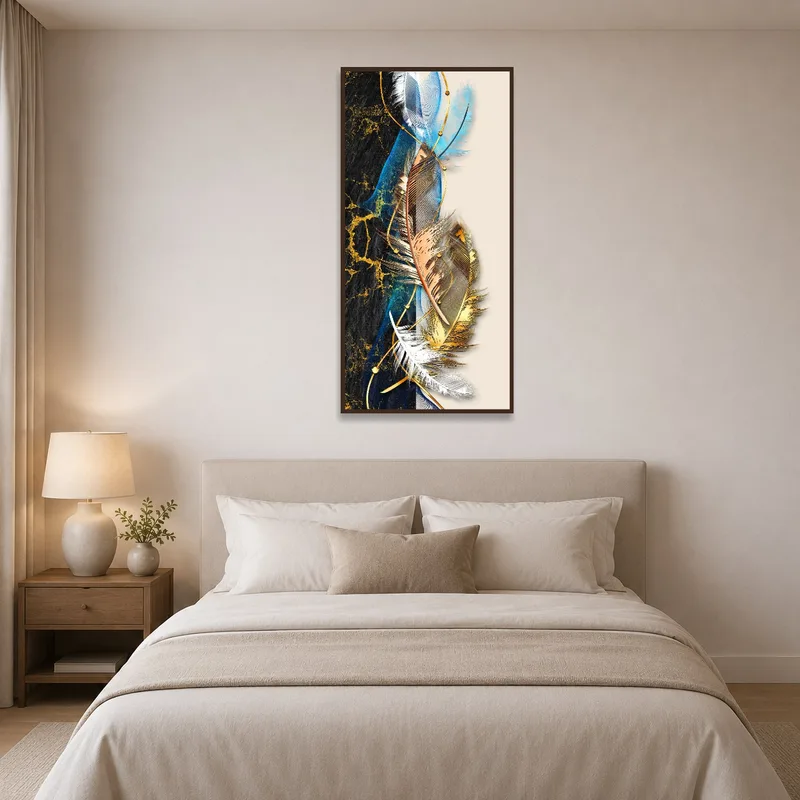 Elegant feather piece with gold details elevating a serene bedroom atmosphere.