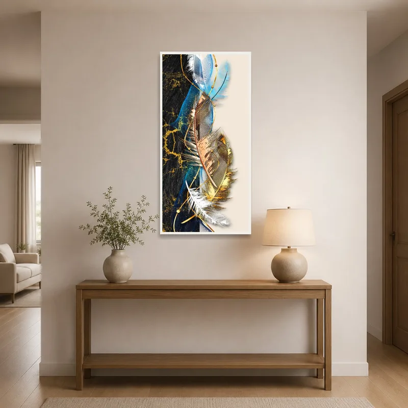 Feather composition with gold accents creating a striking impression in an entrance hall.