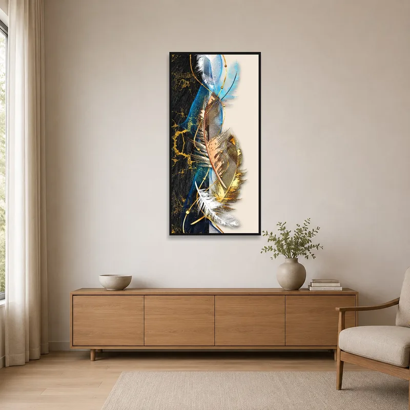 Sleek feather design with gold tones complementing a minimalist room ambiance.