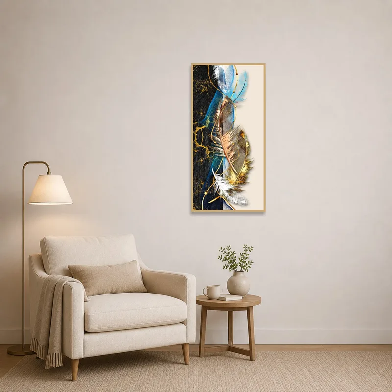 Soft feather artwork with touches of gold enhancing a cozy reading corner.
