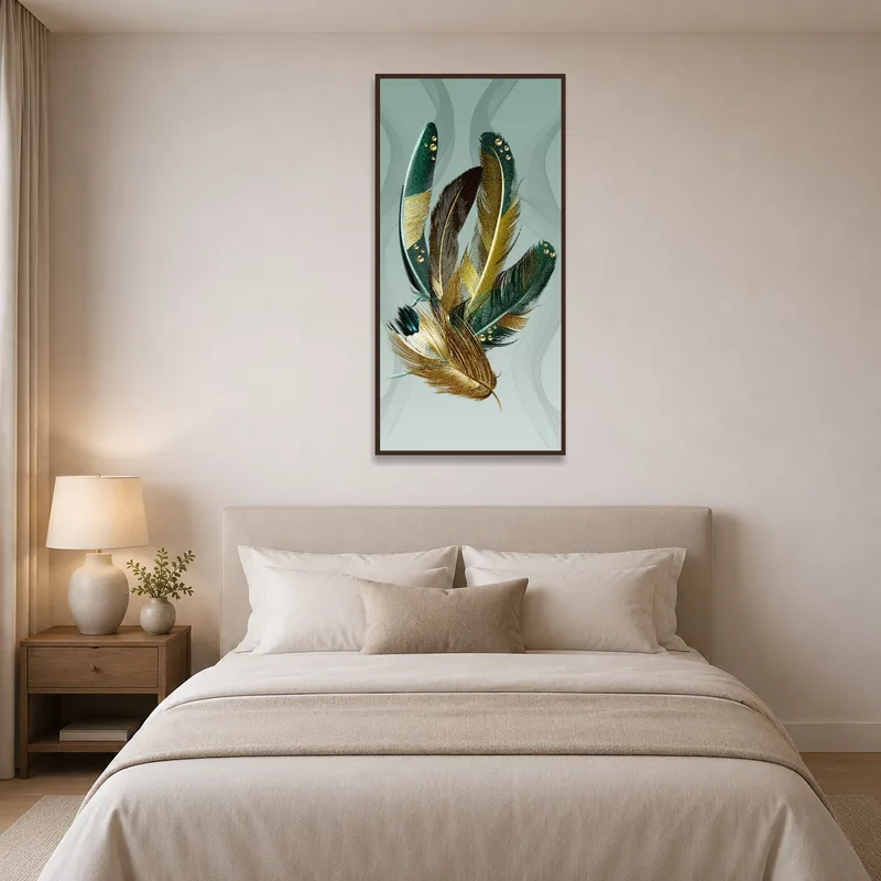 Bedroom scene displaying Elegant Feather Composition, adding elegance to a serene atmosphere.
