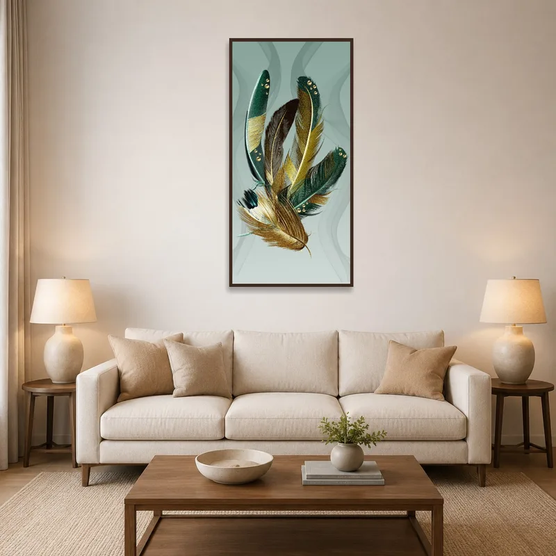 Living room featuring Elegant Feather Composition with jewel accents on a cozy neutral-toned wall.