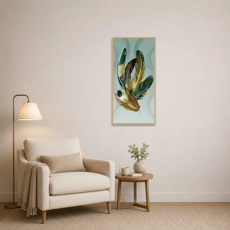 Reading corner enhanced by the Elegant Feather Composition, adding charm to a cozy nook.