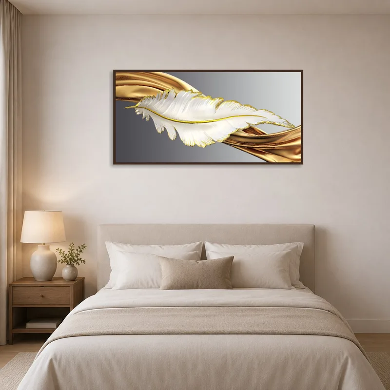 Soft feather design with gold touches adding elegance to a bedroom wall.