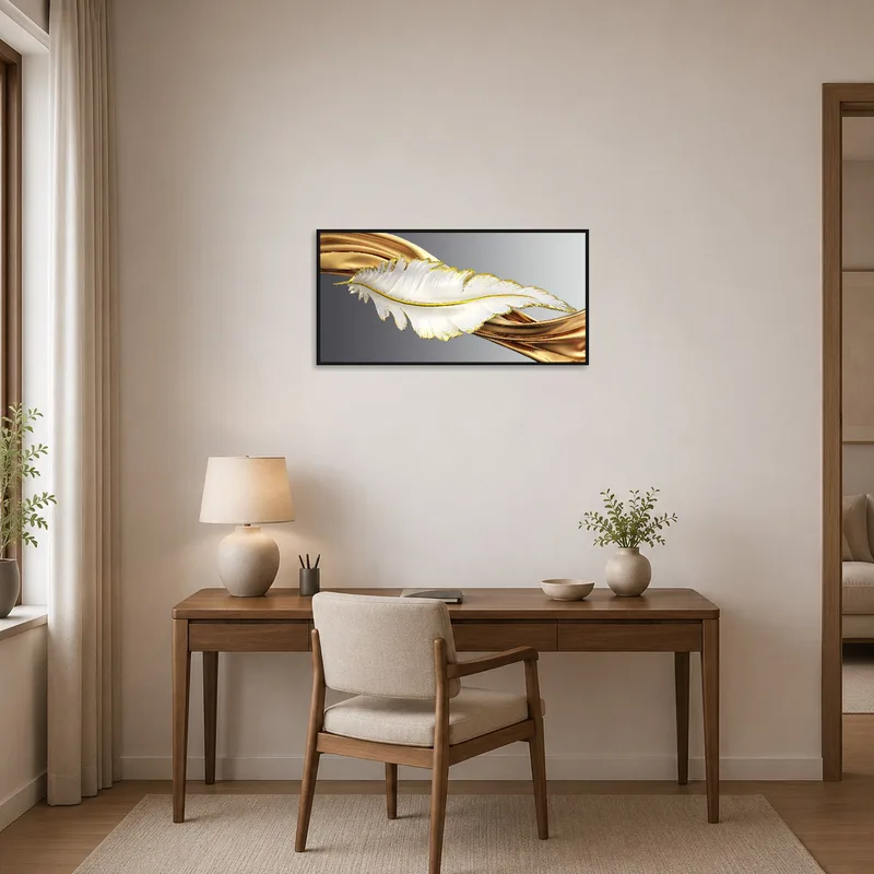 Classy feather design with gold features in a productive home office space.