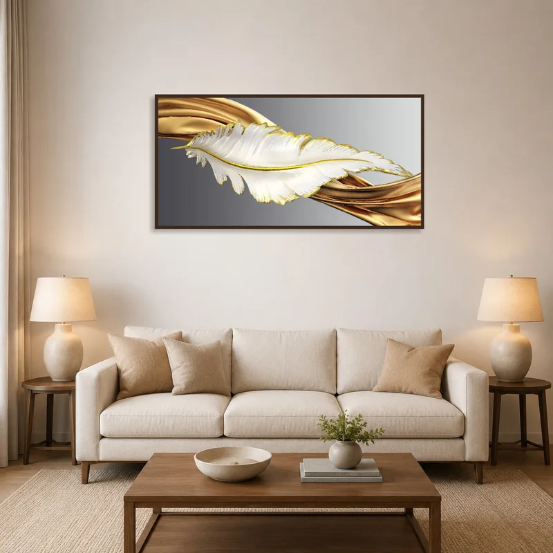 Elegant feather design with gold accents on a living room wall above the sofa.