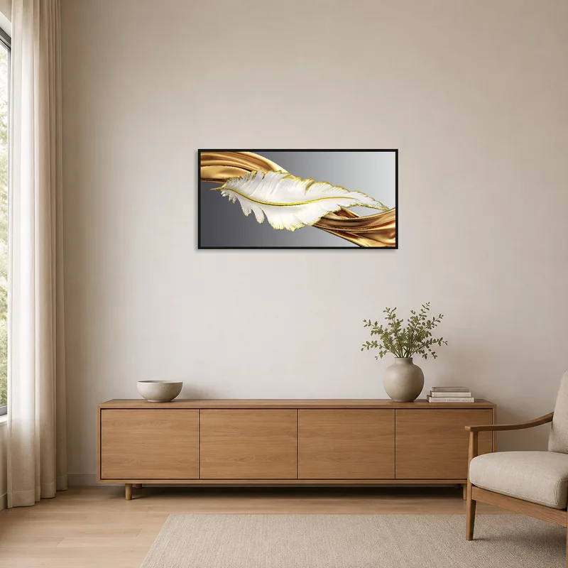Sleek feather design with gold highlights in a minimalist room with sparse furniture.