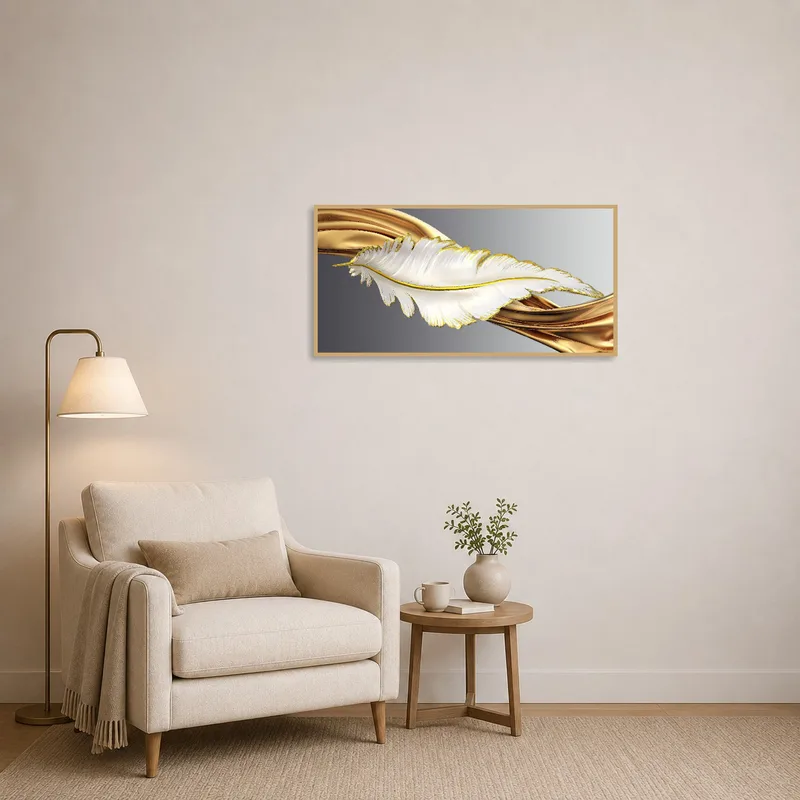 Elegant feather artwork with gold tones in a cozy reading corner by a chair.