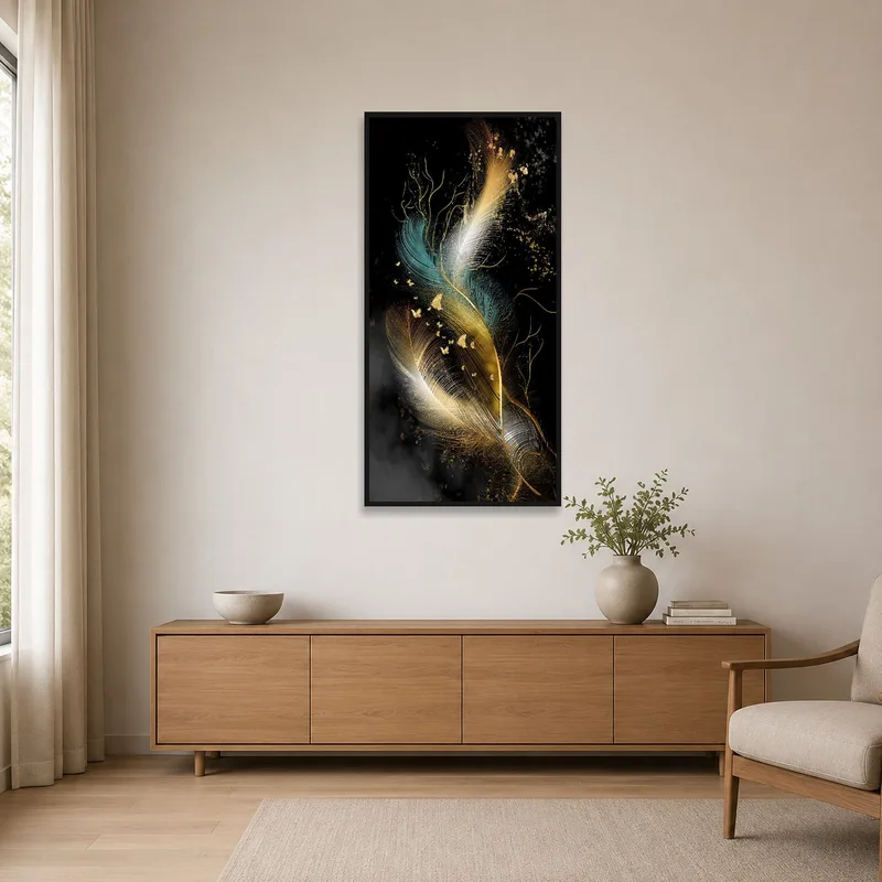 Simple feather artwork with gold touches adding to a minimalist room aesthetic.