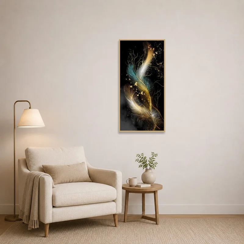 Golden accented feather art creating a calming atmosphere in a cozy reading corner.