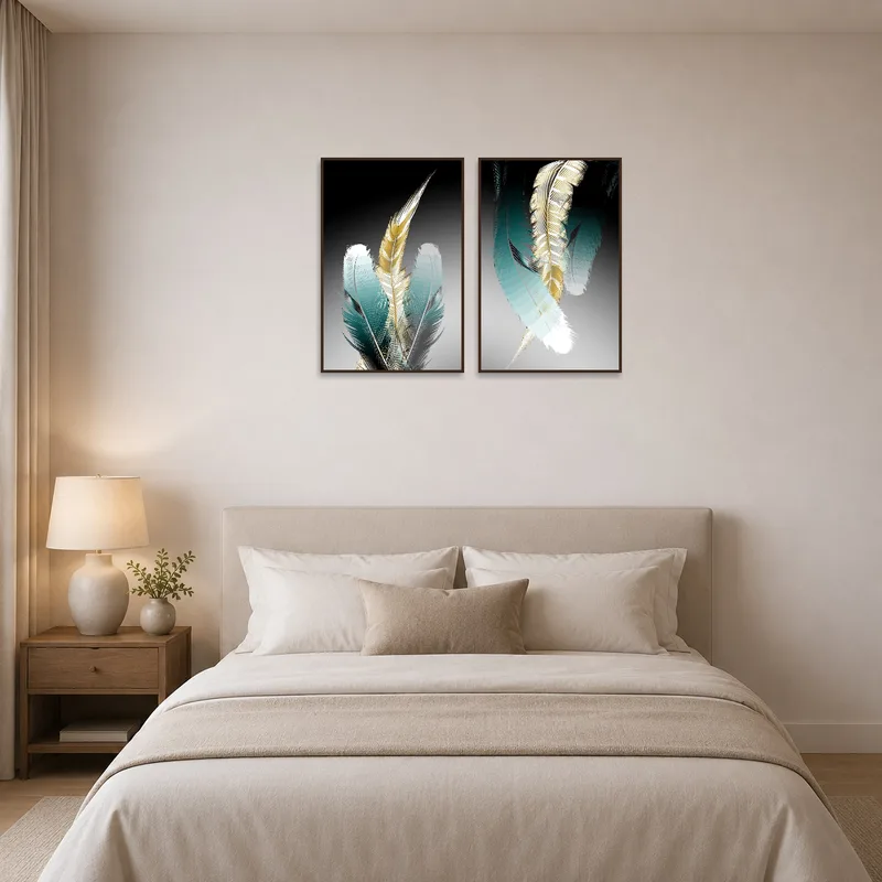 Elegant Feather Duo design imparting serenity in a peaceful bedroom.