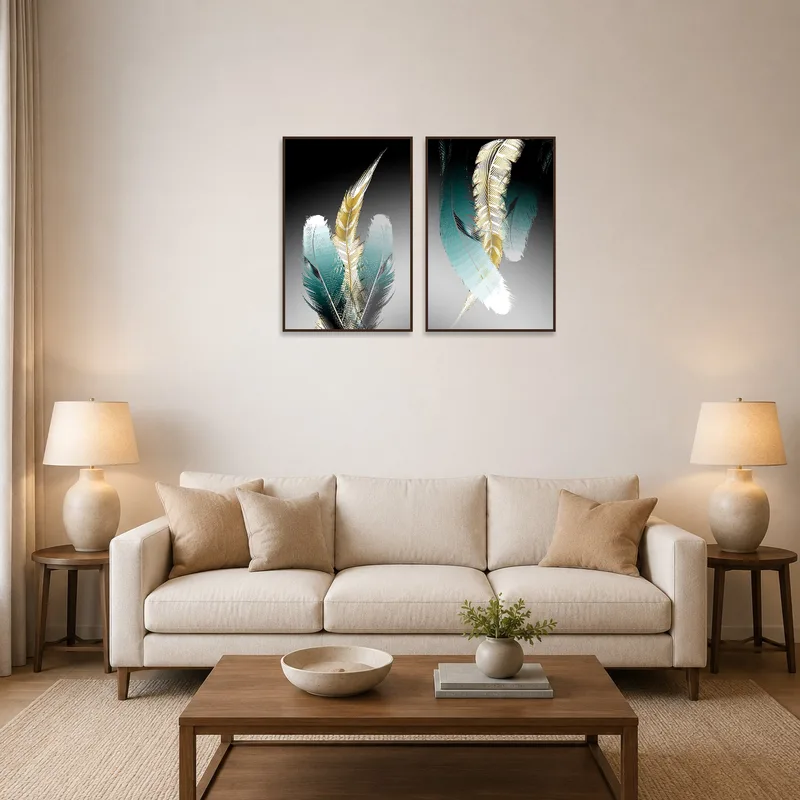 Elegant Feather Duo art piece above a modern sofa in a cozy living room.