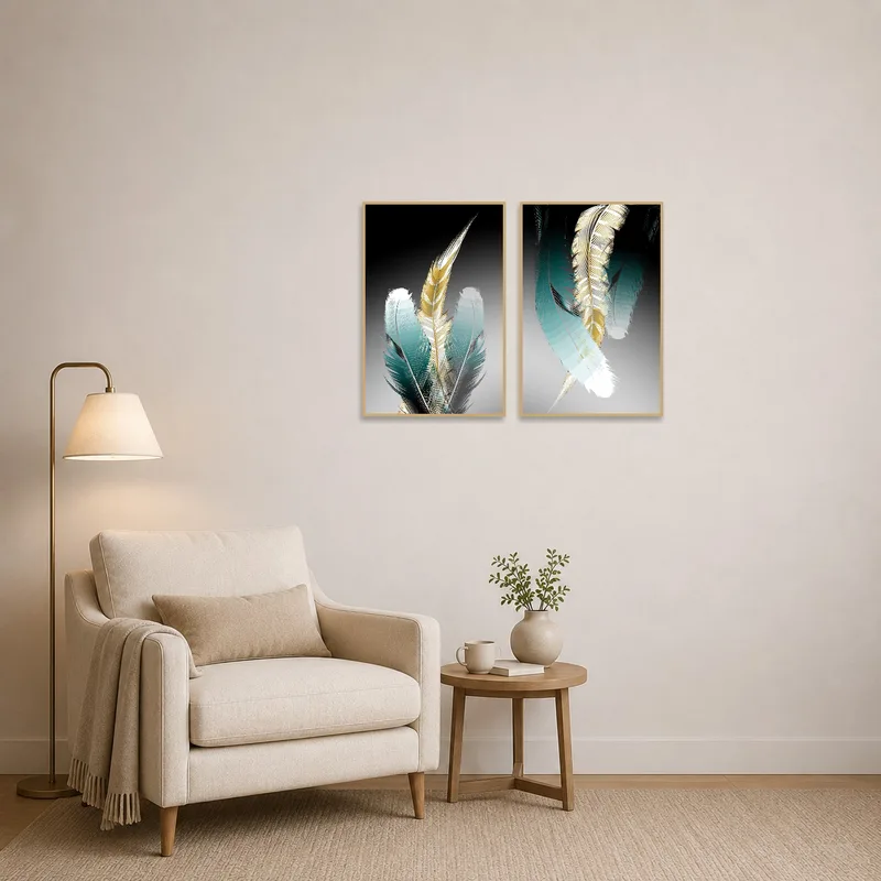 Elegant Feather Duo art adding tranquility to a quiet reading corner.
