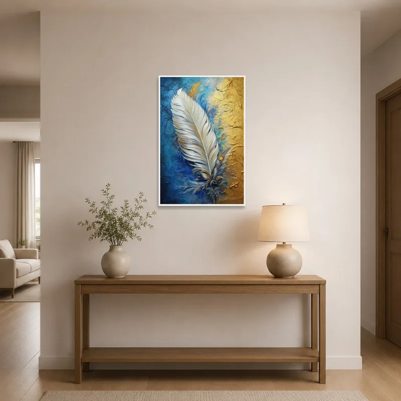 Blue and gold textured feather art welcoming guests in the entrance hall.