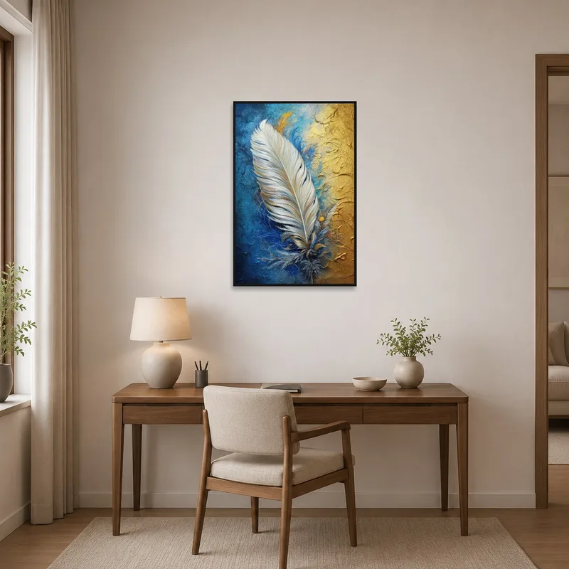 Stylish feather artwork adds inspiration to the organized home office.